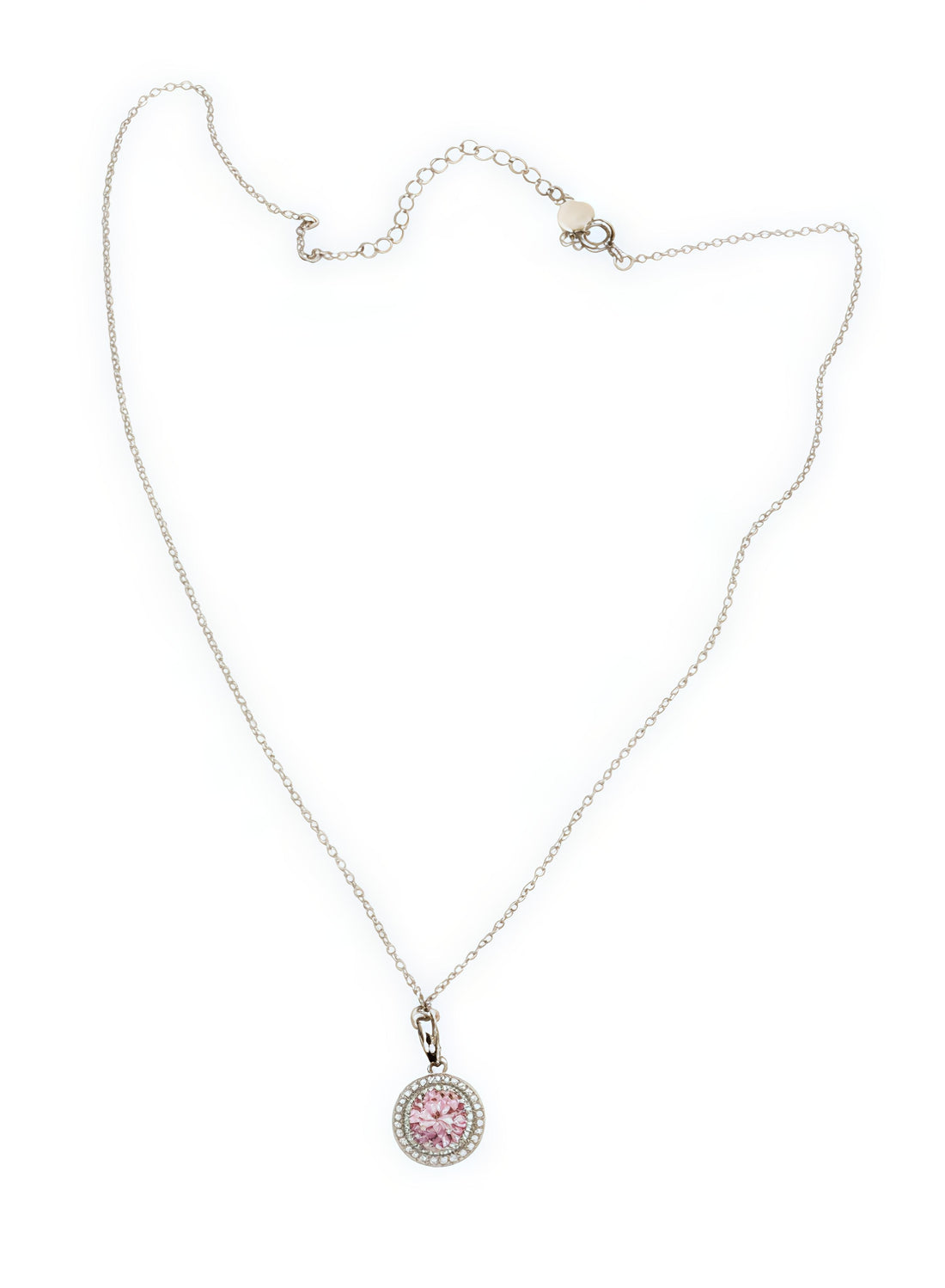 Shining pink moissanite gemstone halo pendant with fine silver chain