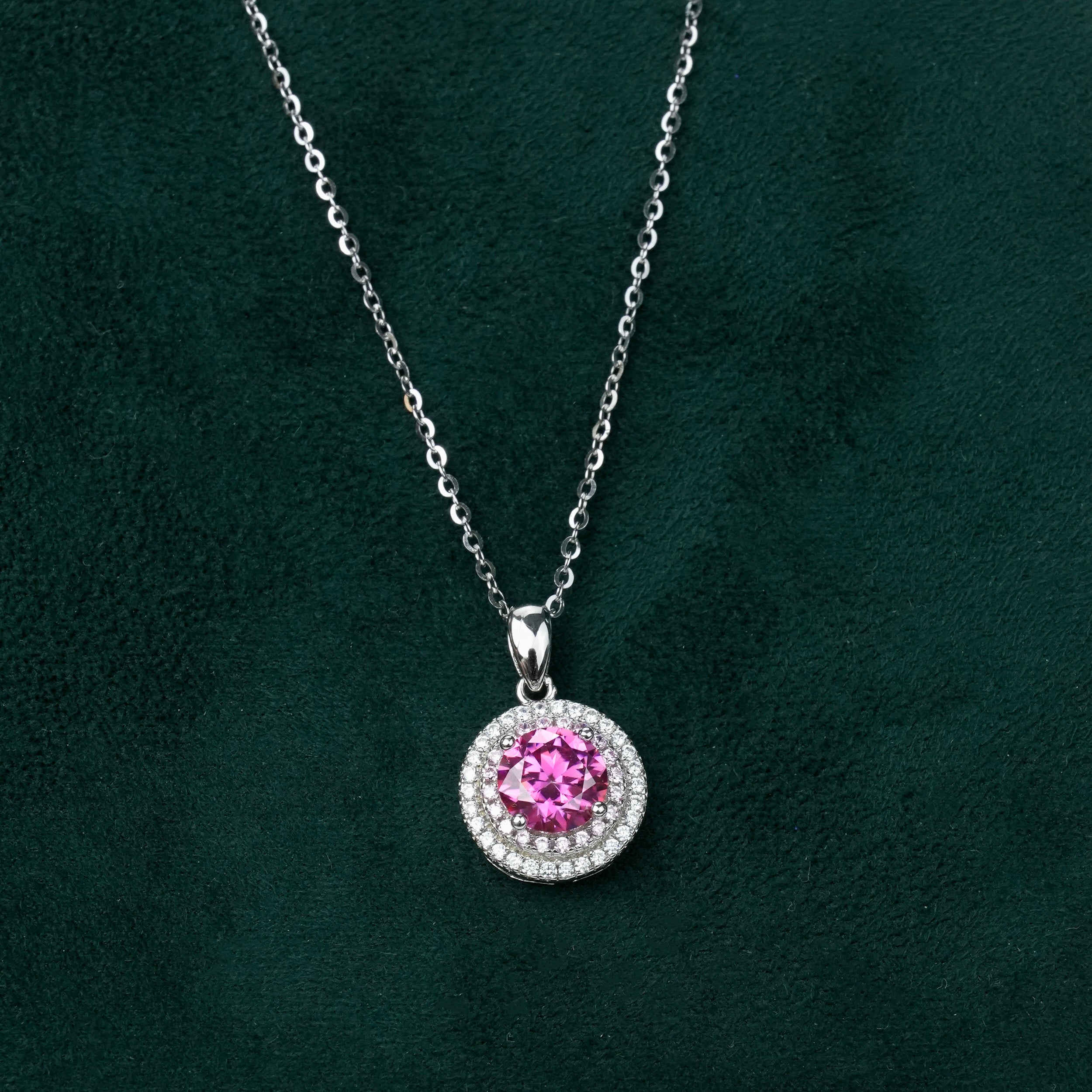 Shining pink moissanite gemstone halo pendant with fine silver chain
