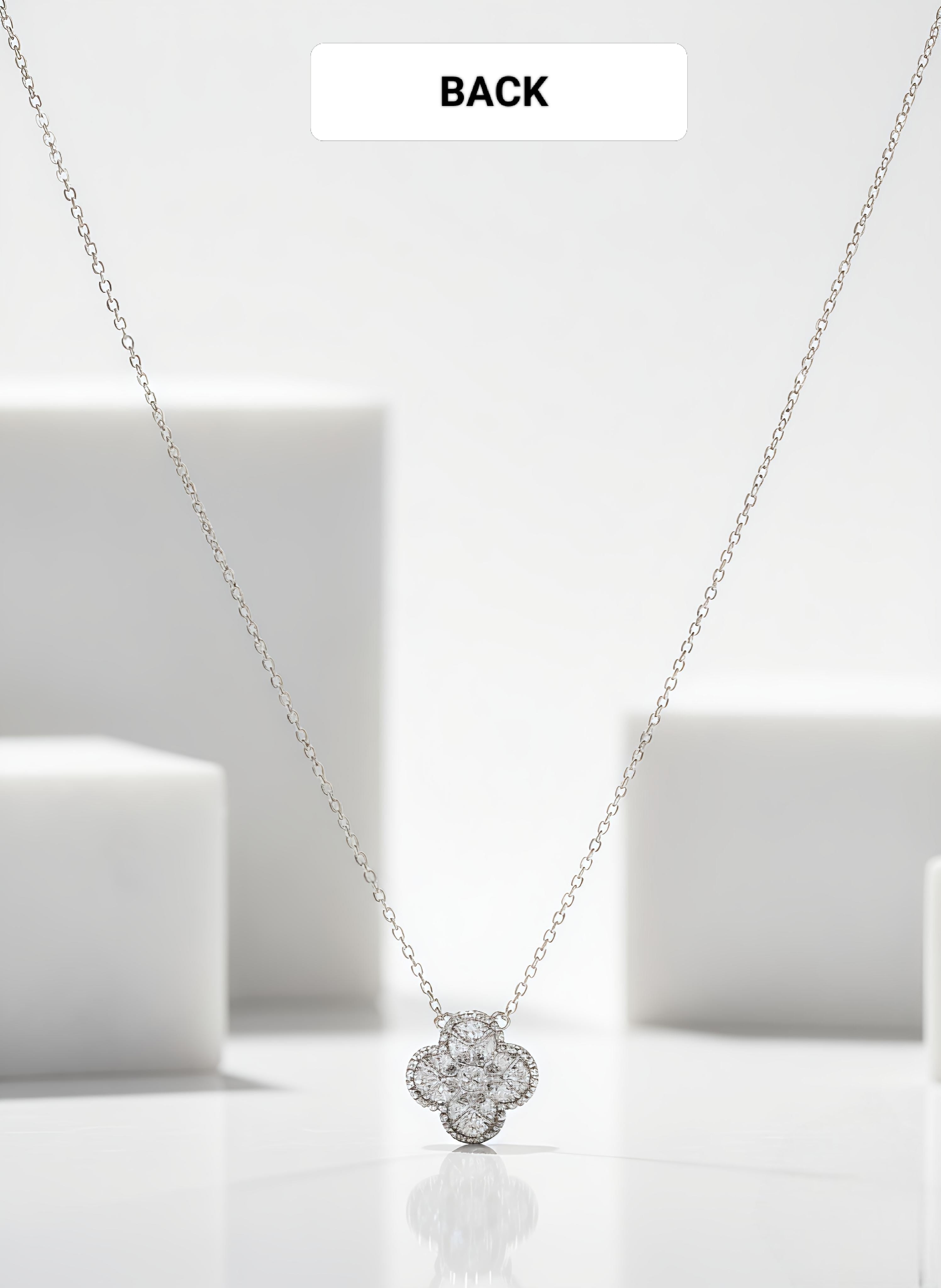 Silver necklace with a floral pendant with back pose on a white background