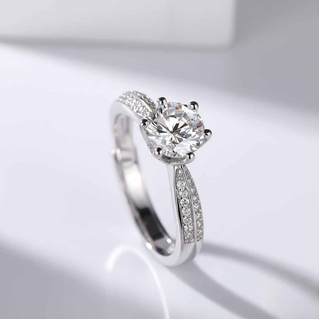 Lumine Solitaire Moissanite Ring – 1 Carat Round-Cut Moissanite Diamond Ring in 925 Sterling Silver | Pavé Band Engagement Ring 💎