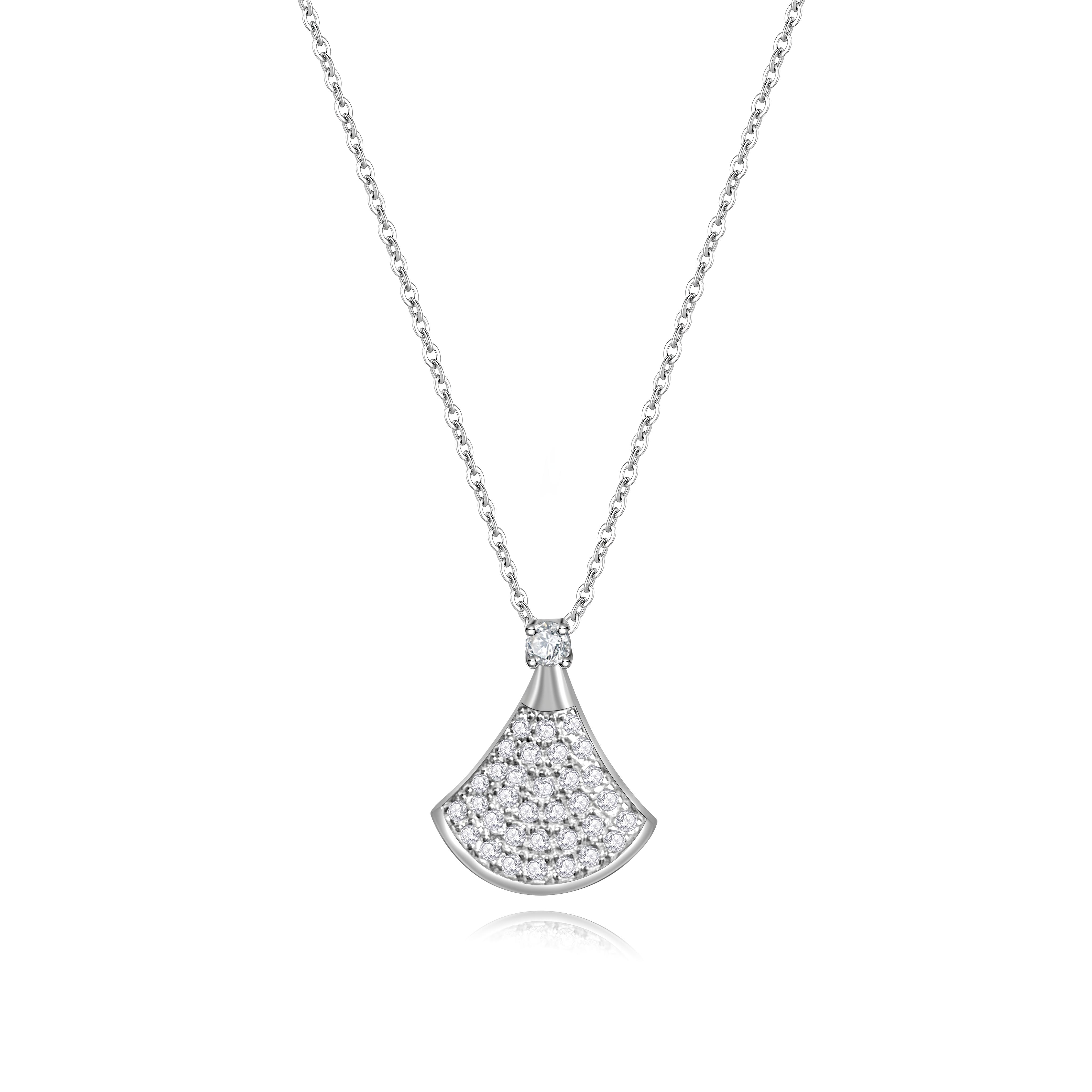 Silver necklace with a fan-shaped pendant on a white background