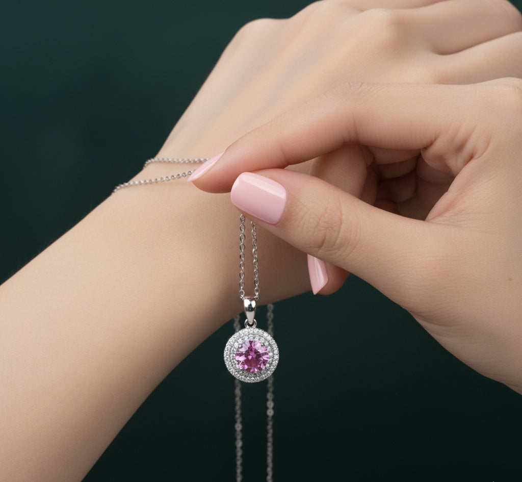 Close-up of pink moissanite halo pendant set in sterling silver from TanishqGems.com