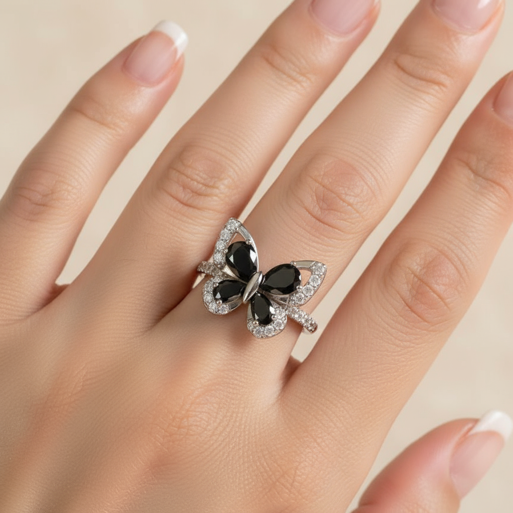 🖤 “Midnight Flutter” Butterfly Ring 🦋