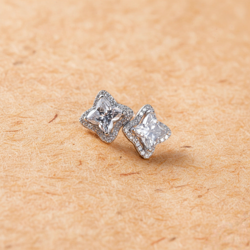 Fortuna Clover Moissanite Diamond Stud Earrings ✨ | 1.20 Ct Center Stone Floral Radiance Studs in 925 Sterling Silver