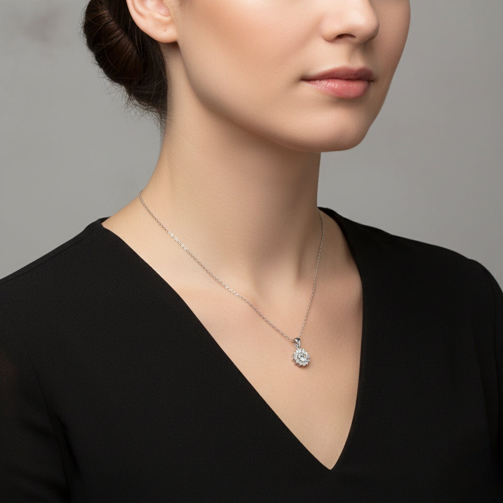 Celestia Bloom Moissanite Pendant Necklace – 1 Carat Round Moissanite Halo Necklace in White & Green Variants | 925 Sterling Silver 💎💚