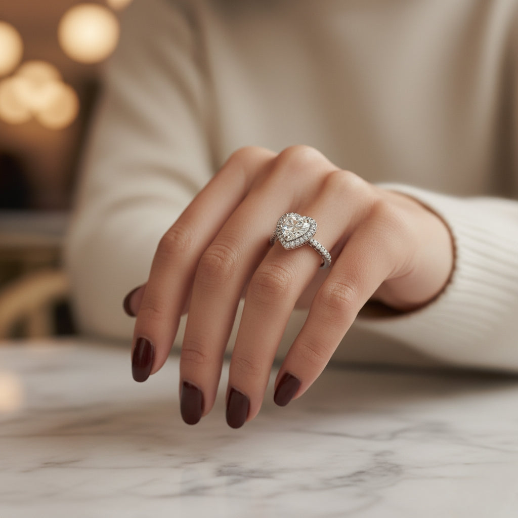 Hand wearing a diamond ring on a marble surface with blurred background