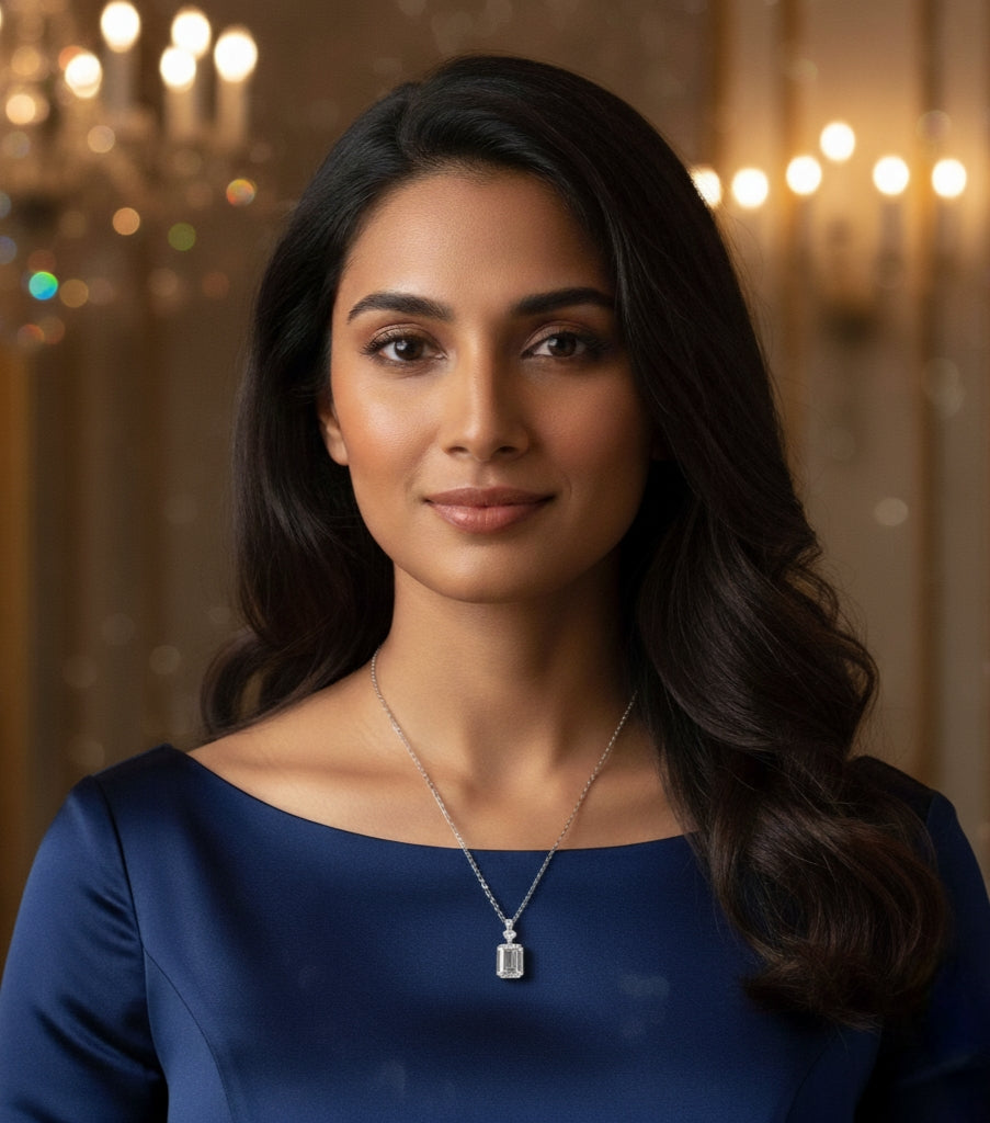 Woman wearing a blue dress with a necklace in a warmly lit room.