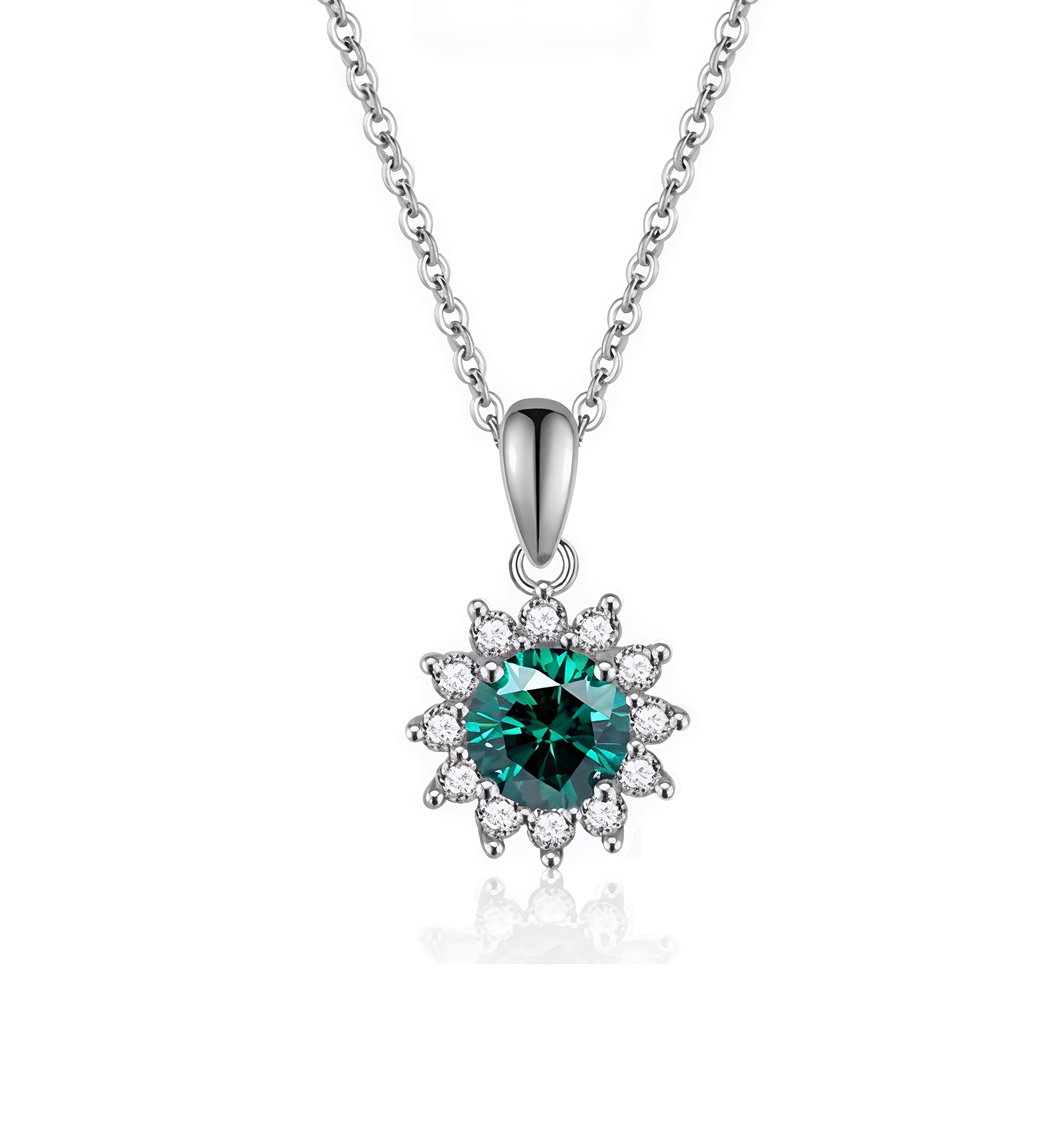 Celestia Bloom Moissanite Pendant Necklace – 1 Carat Round Moissanite Halo Necklace in White & Green Variants | 925 Sterling Silver 💎💚