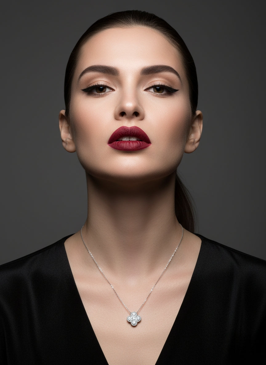 Woman wearing a necklace with a dark background