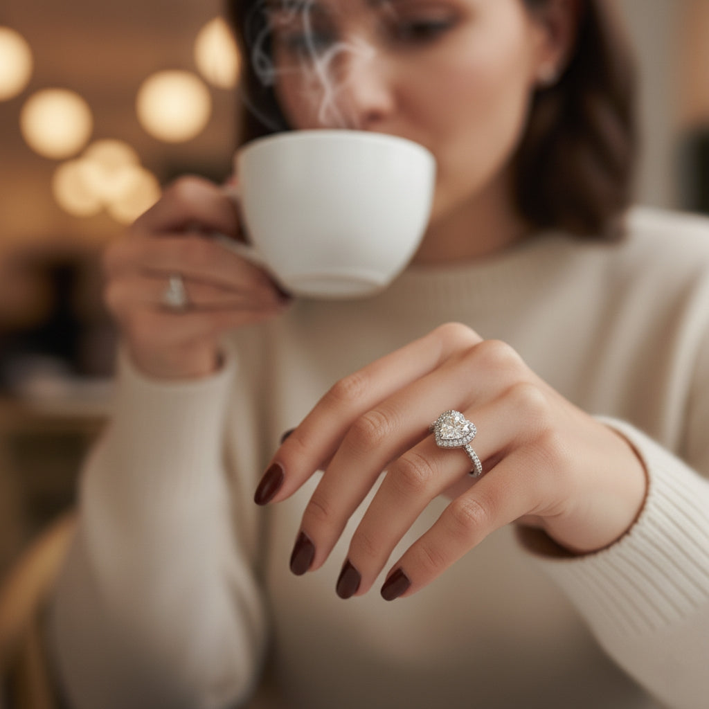 Woman wearing ring with a blurred background
