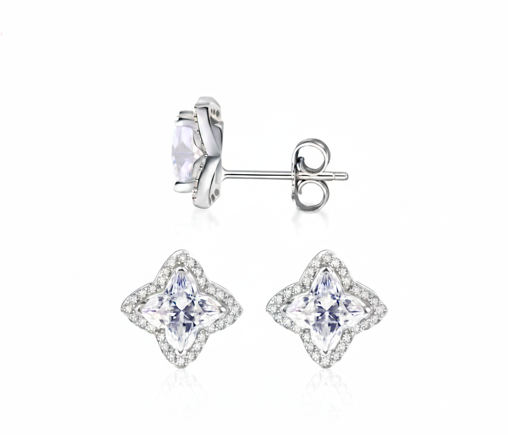 Fortuna Clover Moissanite Diamond Stud Earrings ✨ | 1.20 Ct Center Stone Floral Radiance Studs in 925 Sterling Silver