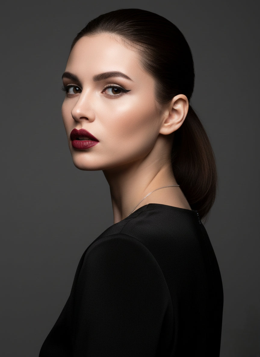 Woman with dark hair and red lipstick wearing a black top against a gray background