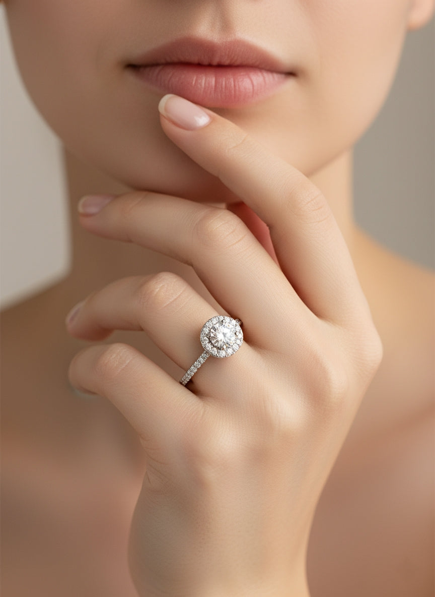 Celesto Halo Moissanite Ring ✨ | 1 Carat Round Diamond Halo Ring in 925 Sterling Silver
