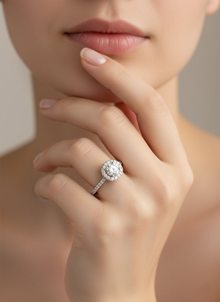 Celesto Halo Moissanite Ring ✨ | 1 Carat Round Diamond Halo Ring in 925 Sterling Silver