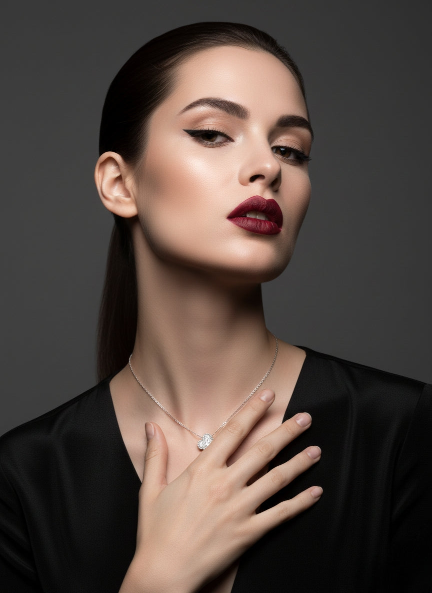 Woman wearing a necklace with a dark background